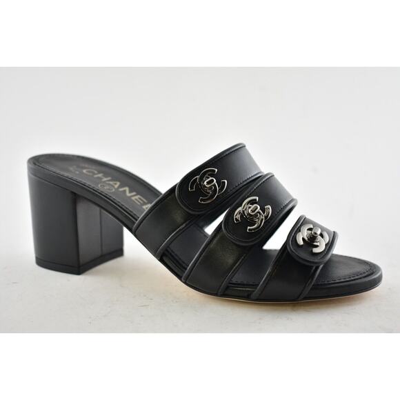 Chanel 19P Black Leather Turnlock CC Logo Mule Strap Slide Block Heel Sandal 36 - Picture 4 of 12